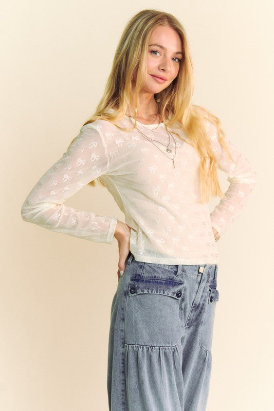Davi & Dani Bow Mesh Round Neck Long Sleeve Top-TOPS / DRESSES-[Adult]-[Female]-2022 Online Blue Zone Planet