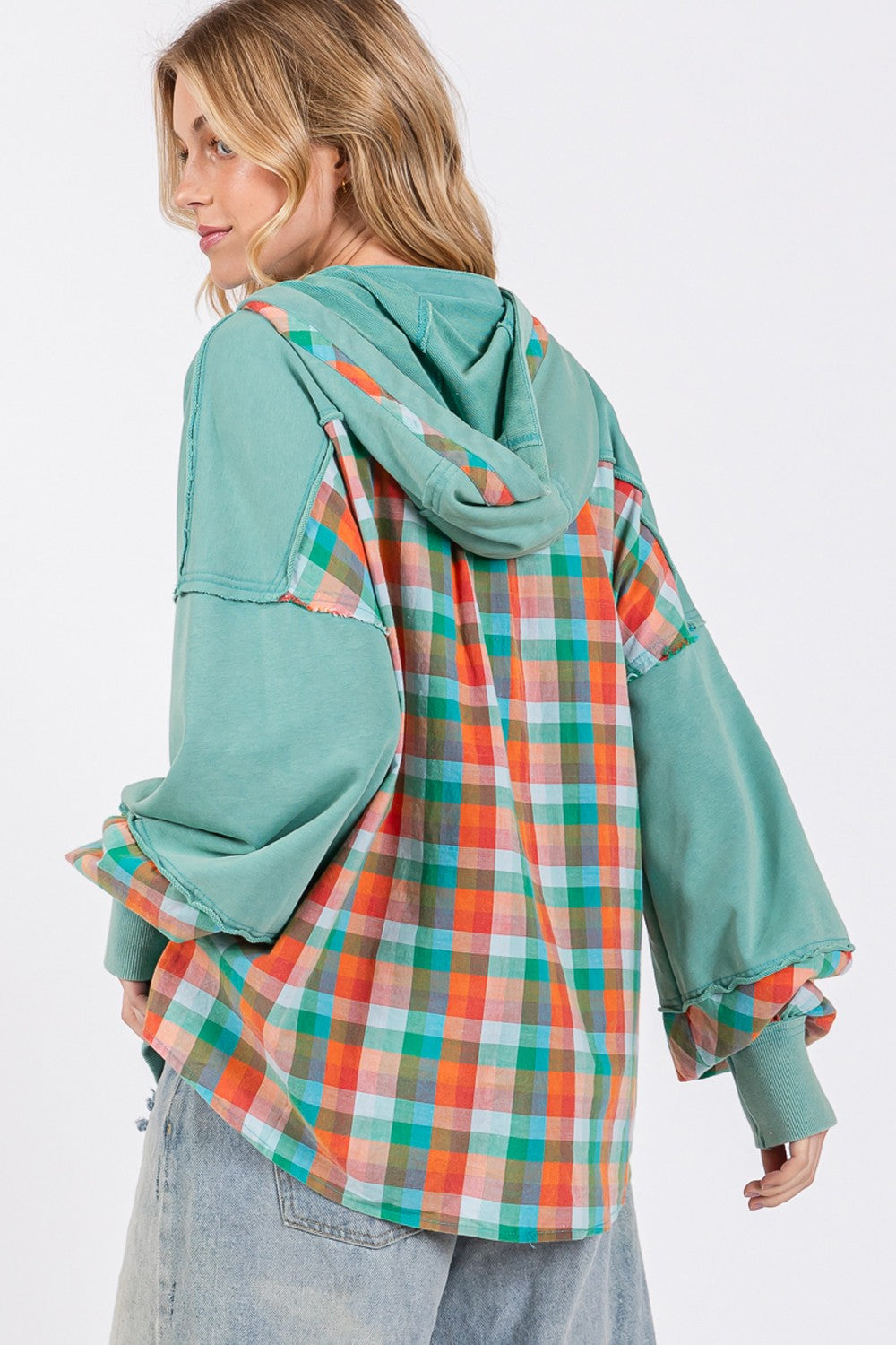 Blue Zone Planet | SAGE + FIG Full Size Plaid Print Washed Hoodie-Tops / Dresses-[Adult]-[Female]-2022 Online Blue Zone Planet