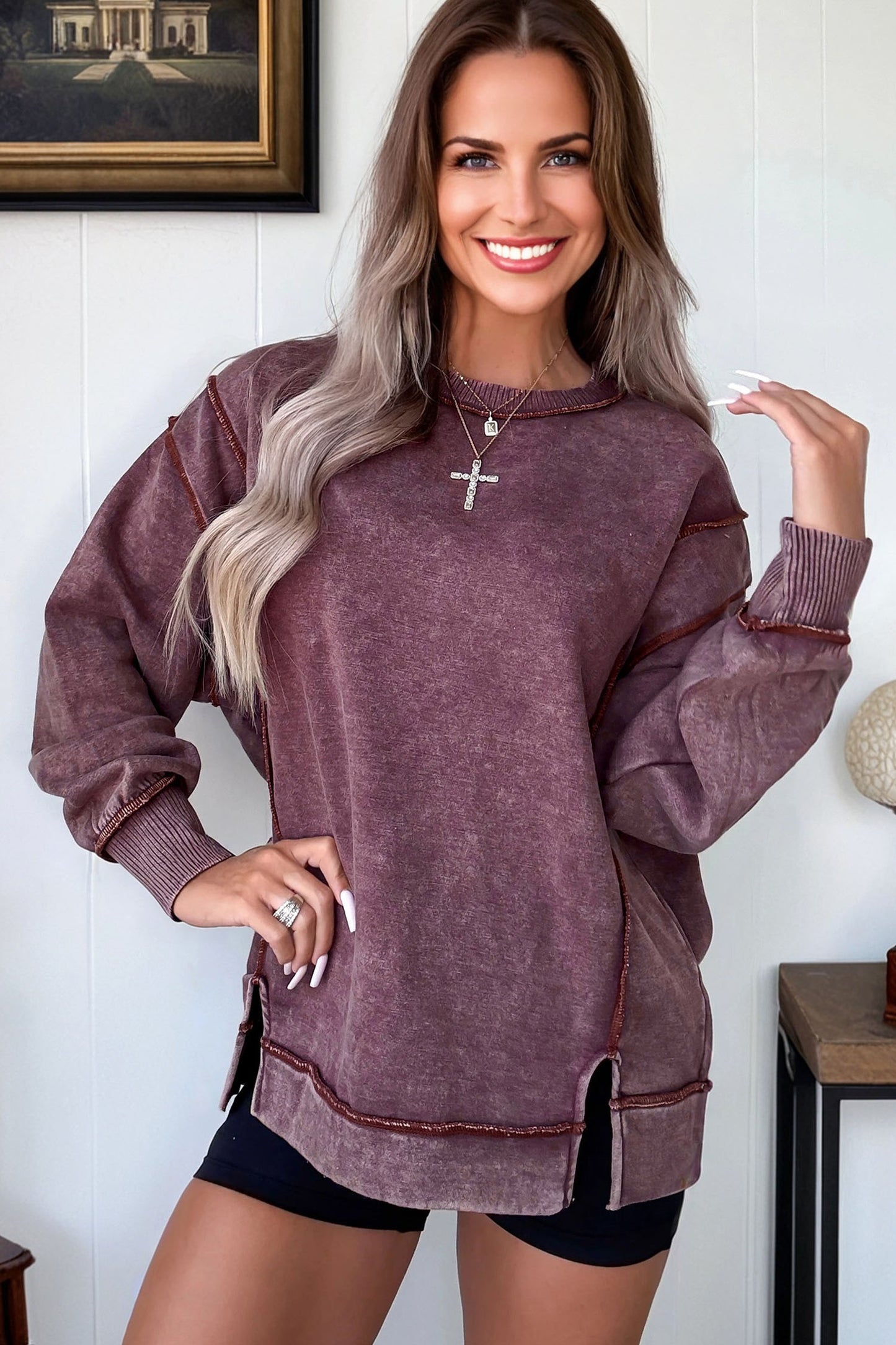 Red Sandalwood Mineral Wash Exposed Seam Side Slit Sweatshirt-Tops/Sweatshirts & Hoodies-[Adult]-[Female]-2022 Online Blue Zone Planet