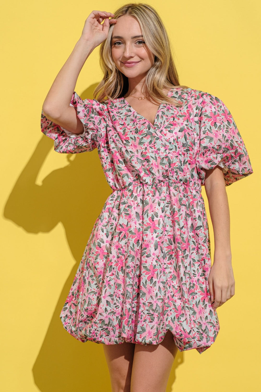 Blue Zone Planet | And The Why Full Size Floral Surplice Puff Sleeve Dress-TOPS / DRESSES-[Adult]-[Female]-2022 Online Blue Zone Planet