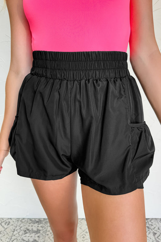 Black Elastic High Waist Pocketed Casual Shorts-Bottoms/Casual Shorts-[Adult]-[Female]-Black-S-2022 Online Blue Zone Planet