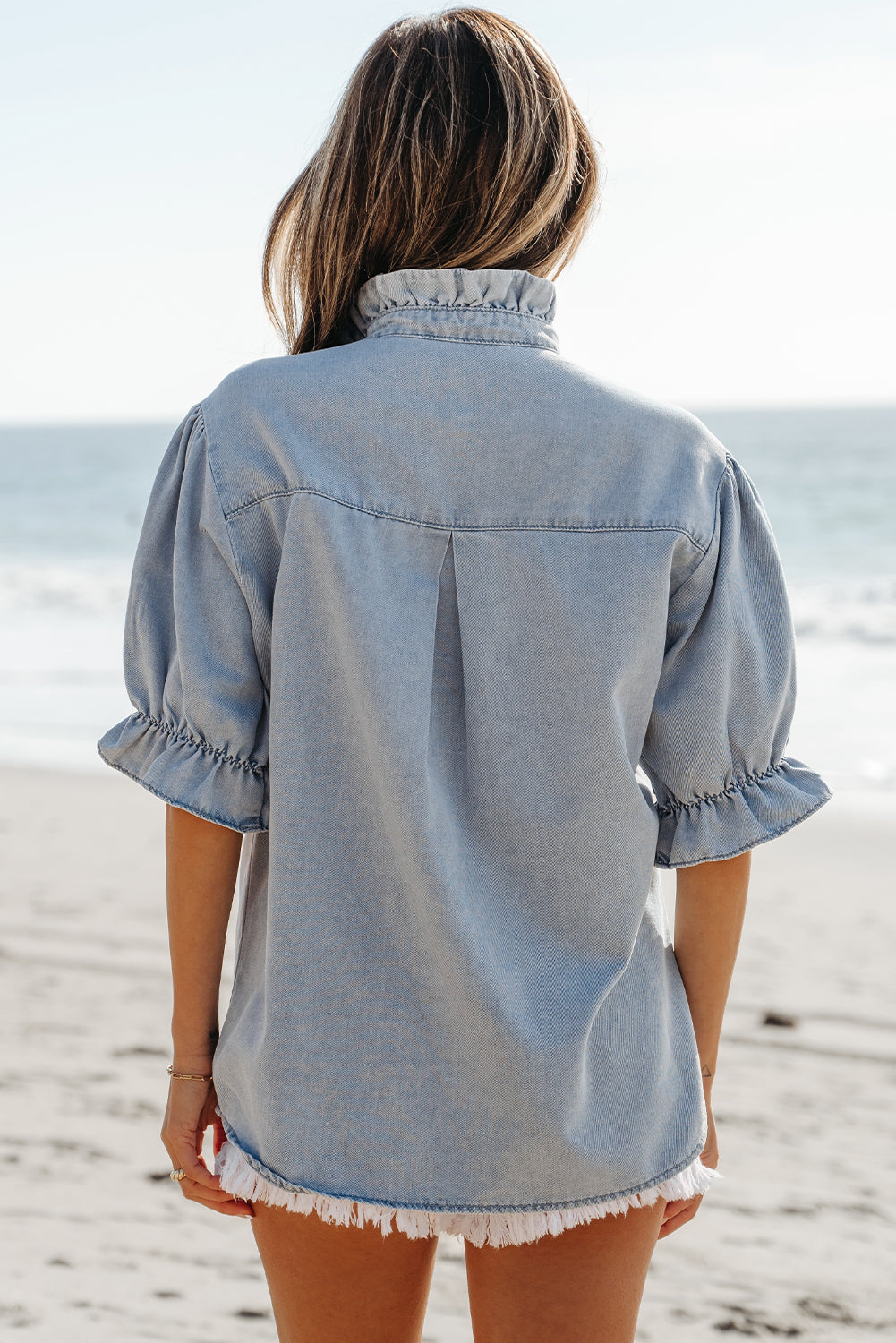 Beau Blue Ruffle Short Puff Sleeve Summer Chambray Shirt-Tops/Blouses & Shirts-[Adult]-[Female]-2022 Online Blue Zone Planet