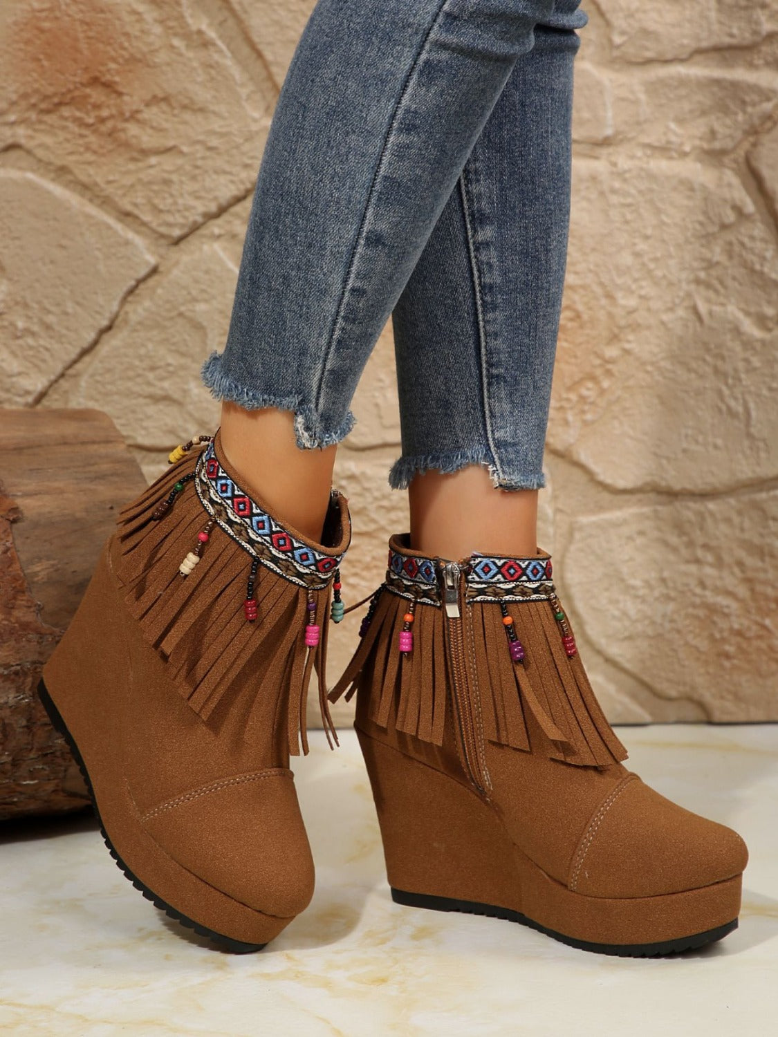 Fringe Suede Wedge Boots-BOOTS-[Adult]-[Female]-2022 Online Blue Zone Planet