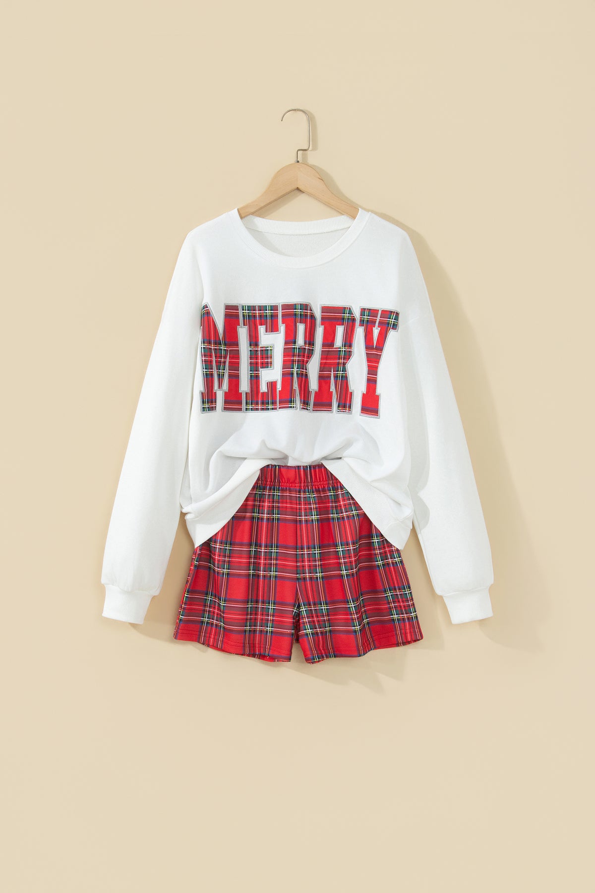 Red Plaid MERRY Holiday Long Sleeve Top and Shorts Set-Two Piece Sets/Short Sets-[Adult]-[Female]-2022 Online Blue Zone Planet