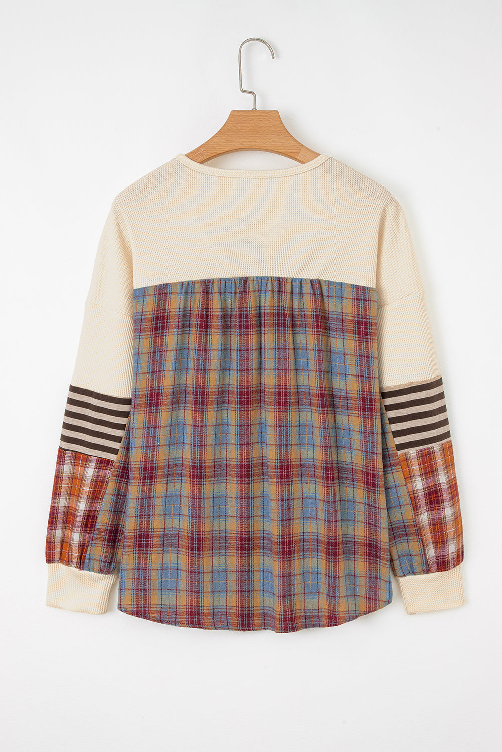 Beige Waffle Stripe Plaid Patchwork Henley Knit Top-Tops/Long Sleeve Tops-[Adult]-[Female]-2022 Online Blue Zone Planet