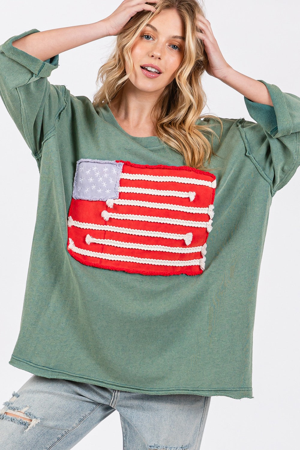 Blue Zone Planet | SAGE + FIG Full Size American Flag Patch Drop Shoulder T-Shirt-TOPS / DRESSES-[Adult]-[Female]-Teal-S-2022 Online Blue Zone Planet