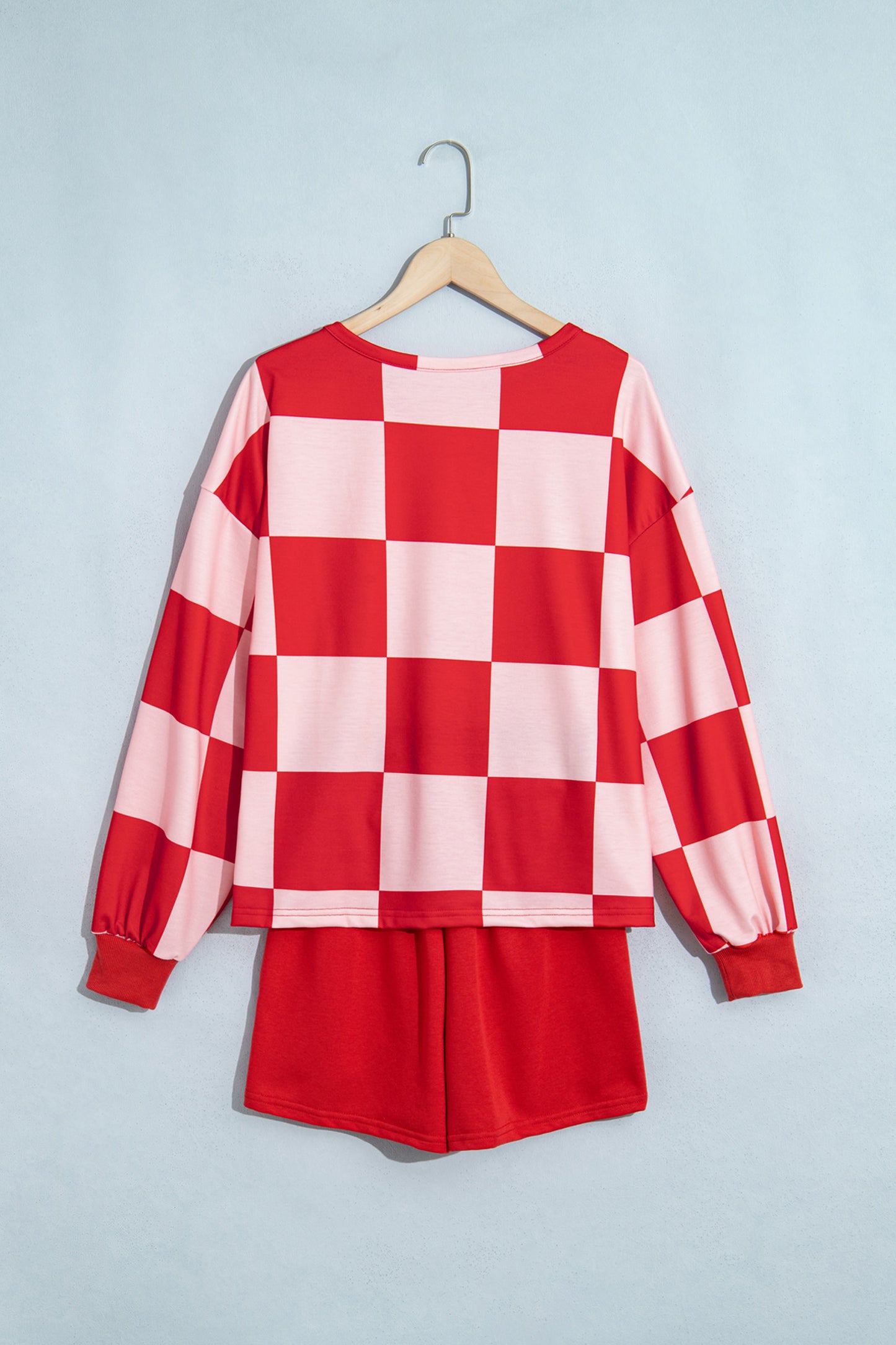 Khaki Checkerboard Plaid Long Sleeve Solid Color Shorts 2pcs Set-Two Piece Sets/Short Sets-[Adult]-[Female]-2022 Online Blue Zone Planet
