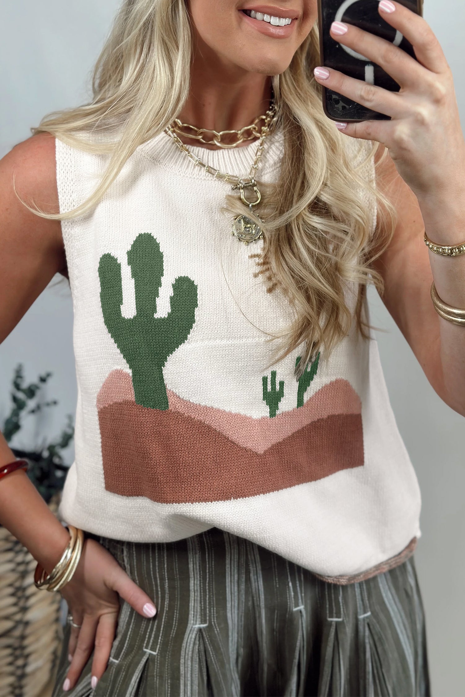 Multicolour Cactus Western Oasis Loose Sweater Vest-TOPS / DRESSES-[Adult]-[Female]-2022 Online Blue Zone Planet
