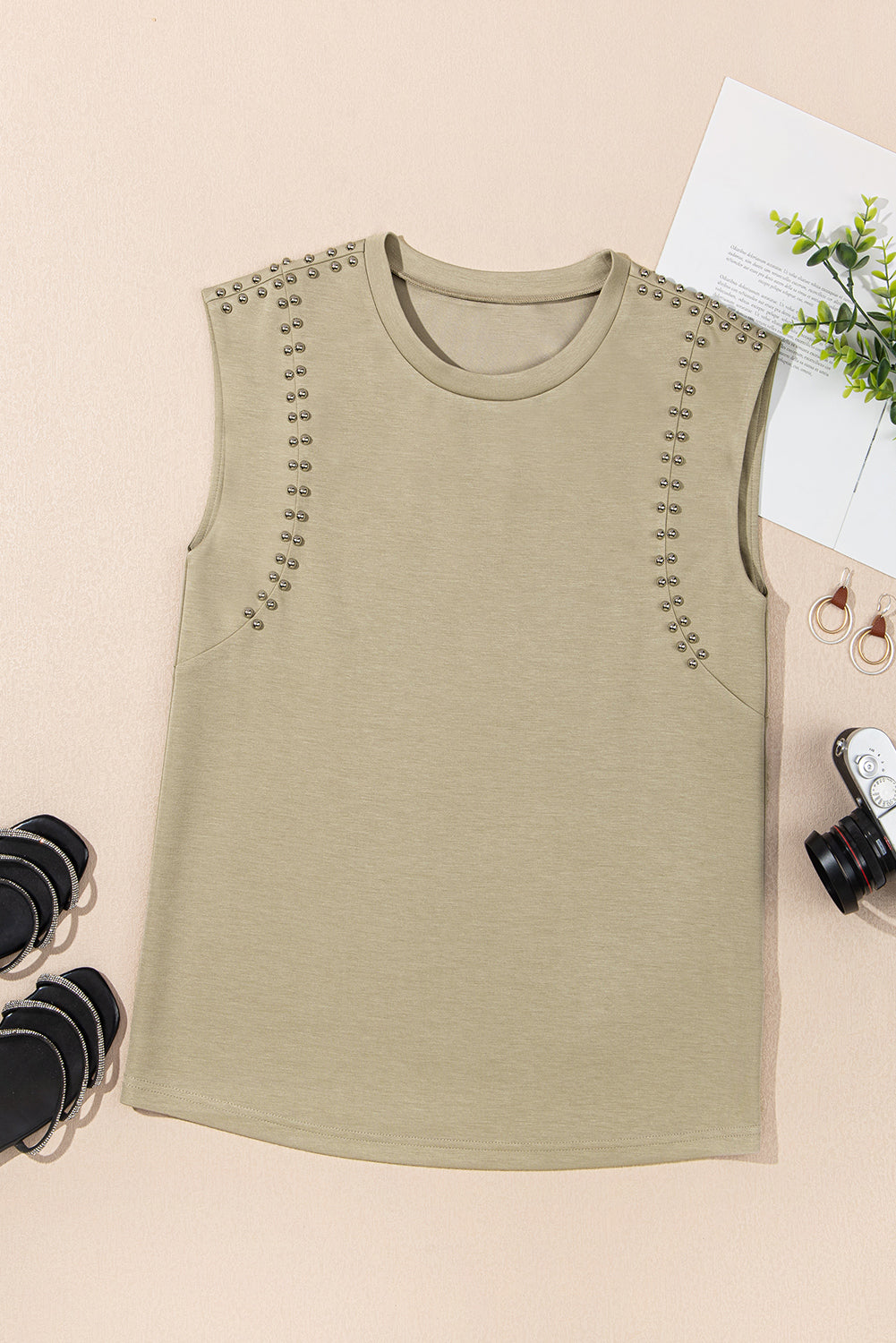 Sage Green Studded Cap Sleeve Round Neck T Shirt-Tops/Tops & Tees-[Adult]-[Female]-2022 Online Blue Zone Planet