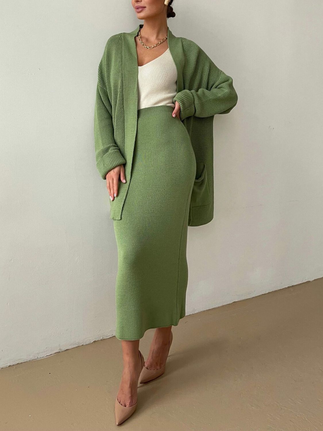 Pocketed Long Sleeve Cardigan and Skirt Sweater Set-TOPS / DRESSES-[Adult]-[Female]-2022 Online Blue Zone Planet