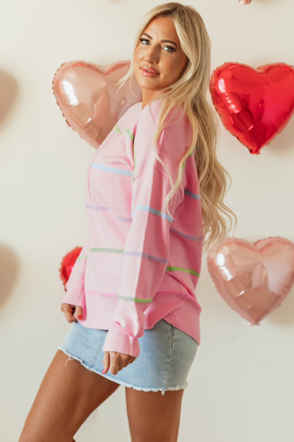 Blue Zone Planet | White Rainbow Stripes Drop Shoulder Baggy Henley Sweater-Sweaters & Cardigans/Sweaters-[Adult]-[Female]-2022 Online Blue Zone Planet