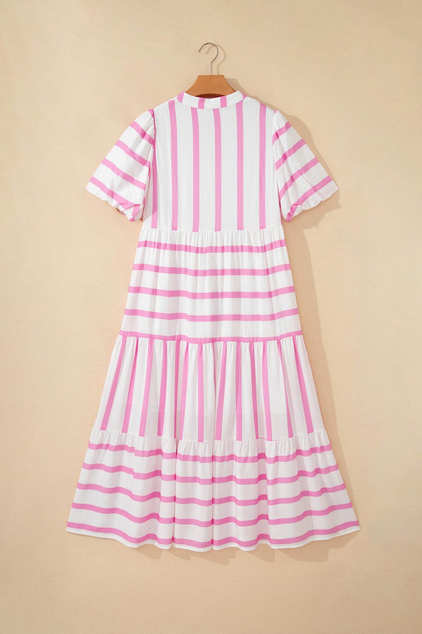 Pink Stripe Ricrac Trim Notched Neck Half Sleeve Vacation Dress-TOPS / DRESSES-[Adult]-[Female]-2022 Online Blue Zone Planet