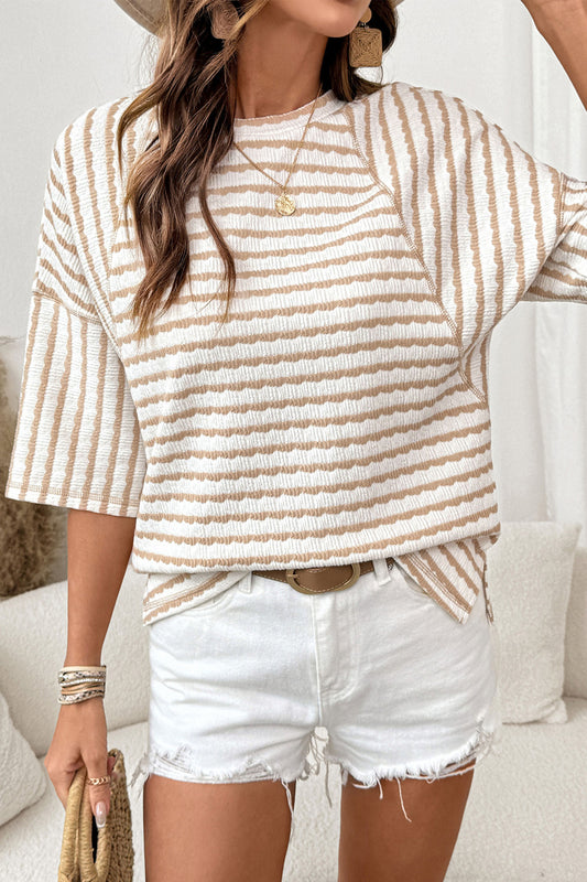 Apricot Stripe Textured Knit Split Hem Half Sleeve Loose Top-Tops/Tops & Tees-[Adult]-[Female]-Apricot Stripe-S-2022 Online Blue Zone Planet
