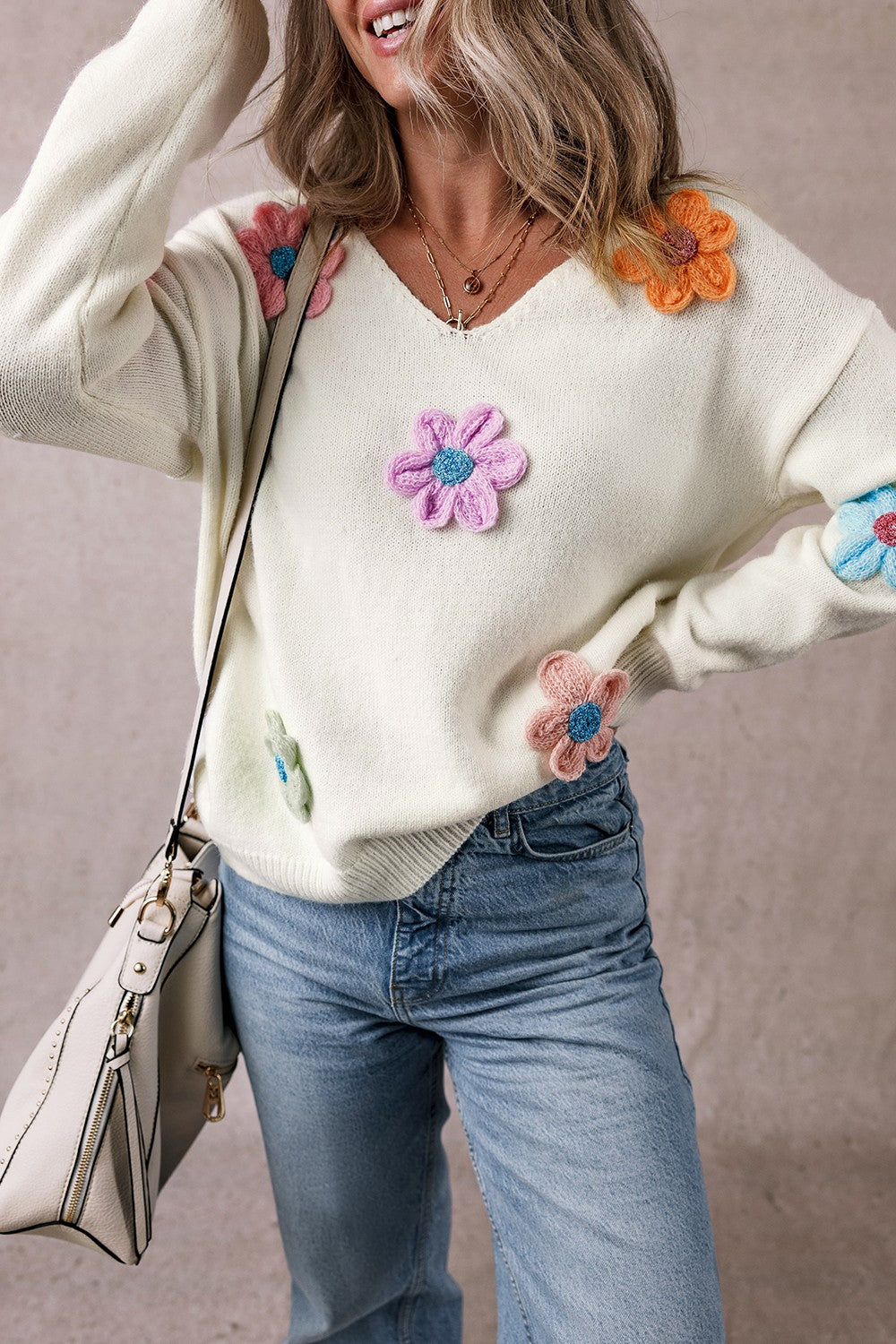 Crochet Flower V-Neck Long Sleeve Sweater-TOPS / DRESSES-[Adult]-[Female]-2022 Online Blue Zone Planet