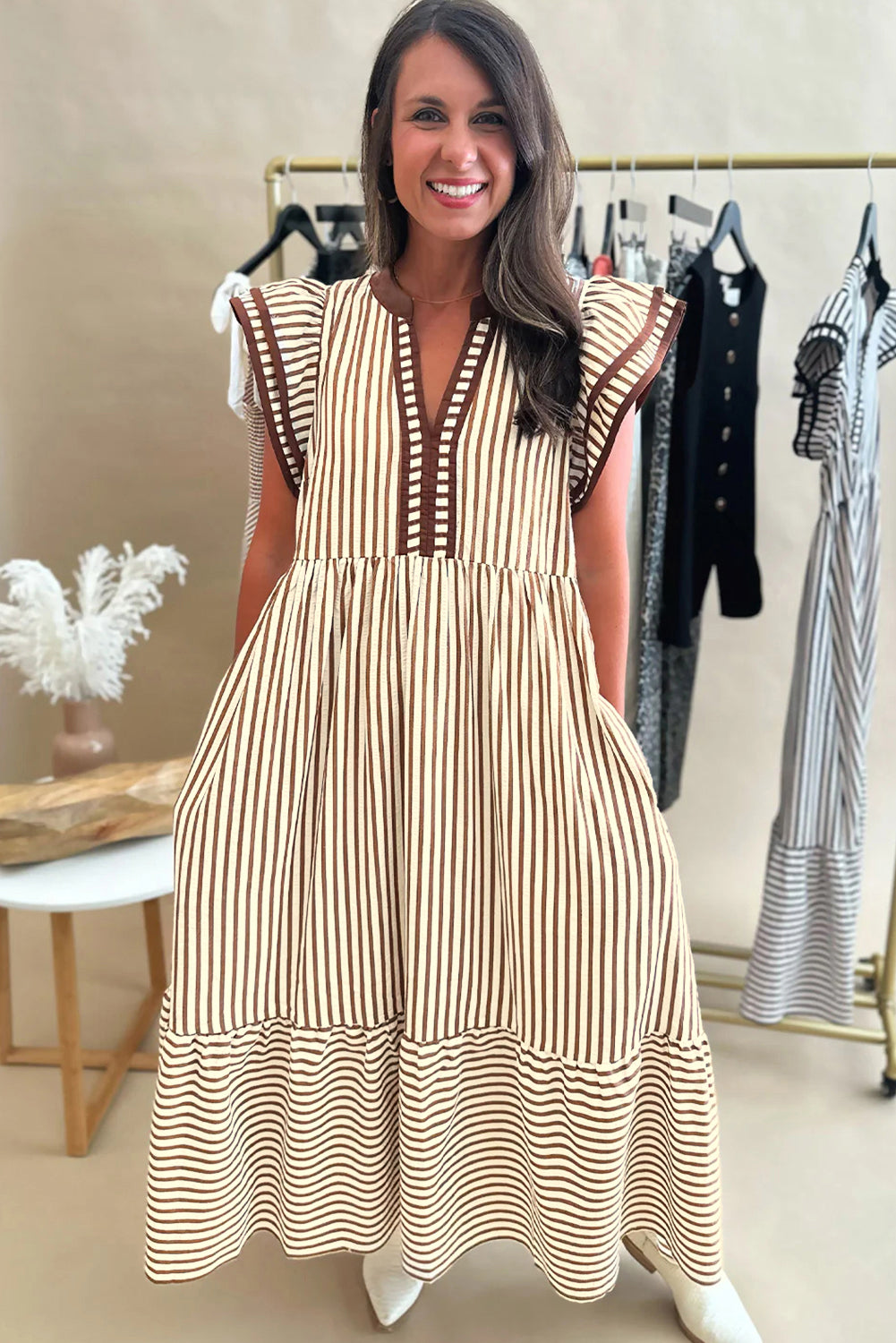 Brown Stripe Double Ruffled Short Sleeve Contrast Trim V Neck Midi Dress-TOPS / DRESSES-[Adult]-[Female]-2022 Online Blue Zone Planet