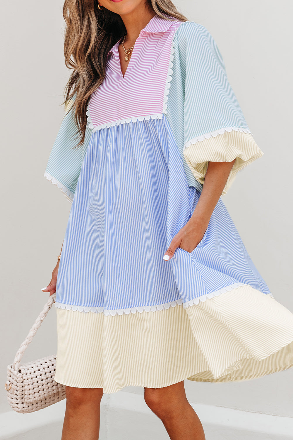 Multicolour Striped Patchwork Ric Rac Puff Sleeve Collared Mini Dress-TOPS / DRESSES-[Adult]-[Female]-2022 Online Blue Zone Planet