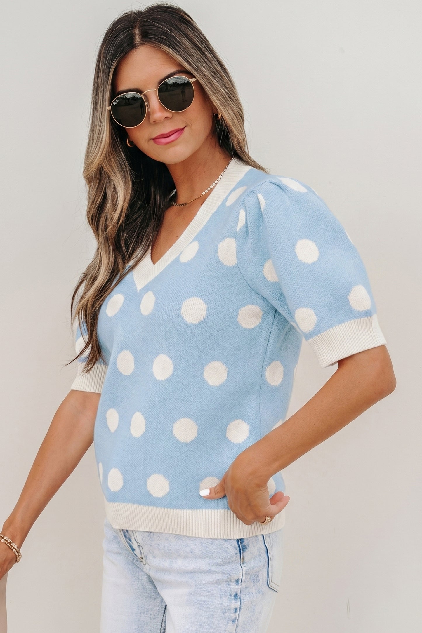 Rose Red Polka Dot Puff Short Sleeve Sweater Top-Sweaters & Cardigans/Short Sleeve Sweaters-[Adult]-[Female]-2022 Online Blue Zone Planet