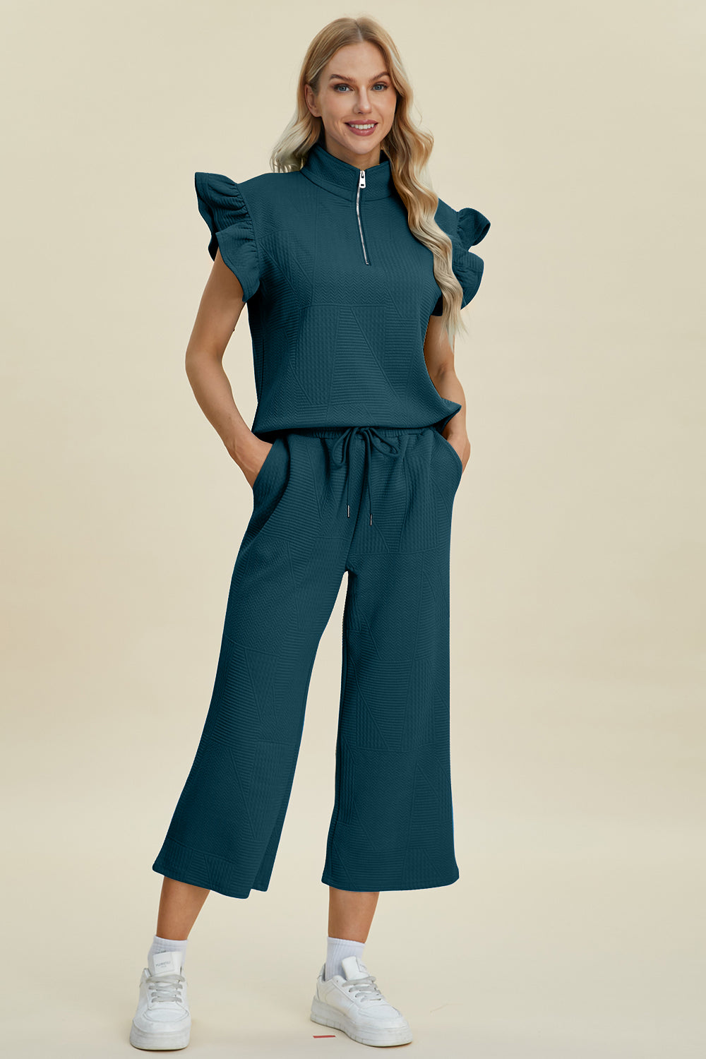 Double Take Full Size Texture Ruffle Short Sleeve Top and Wide Leg Pants Set-TOPS / DRESSES-[Adult]-[Female]-Deep Teal-S-2022 Online Blue Zone Planet