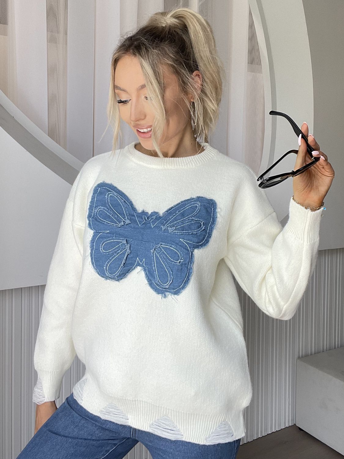 Butterfly Round Neck Long Sleeve Sweater-TOPS / DRESSES-[Adult]-[Female]-White-One Size-2022 Online Blue Zone Planet