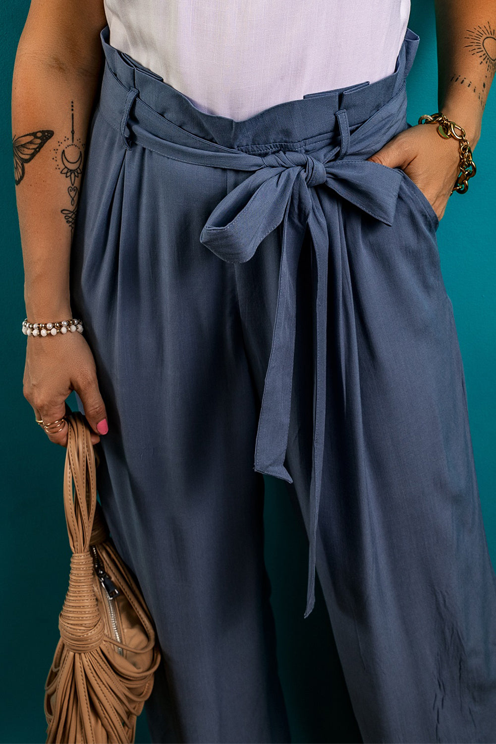 Blue Zone Planet | Tied Wide Leg Pants with Pockets-BOTTOMS SIZES SMALL MEDIUM LARGE-[Adult]-[Female]-2022 Online Blue Zone Planet