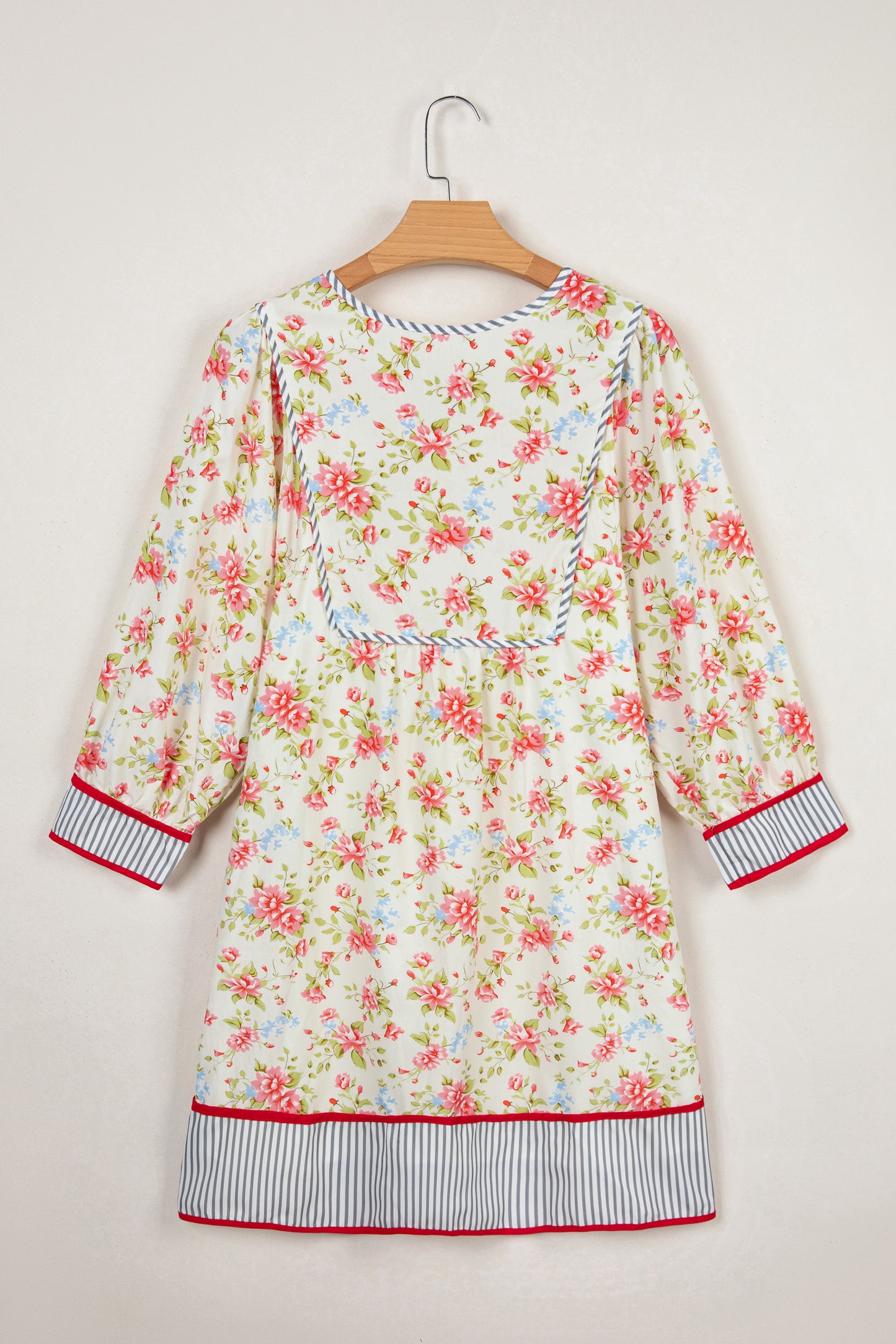 Apricot Striped Edge 3/4 Puff Sleeve Floral Dress-TOPS / DRESSES-[Adult]-[Female]-2022 Online Blue Zone Planet