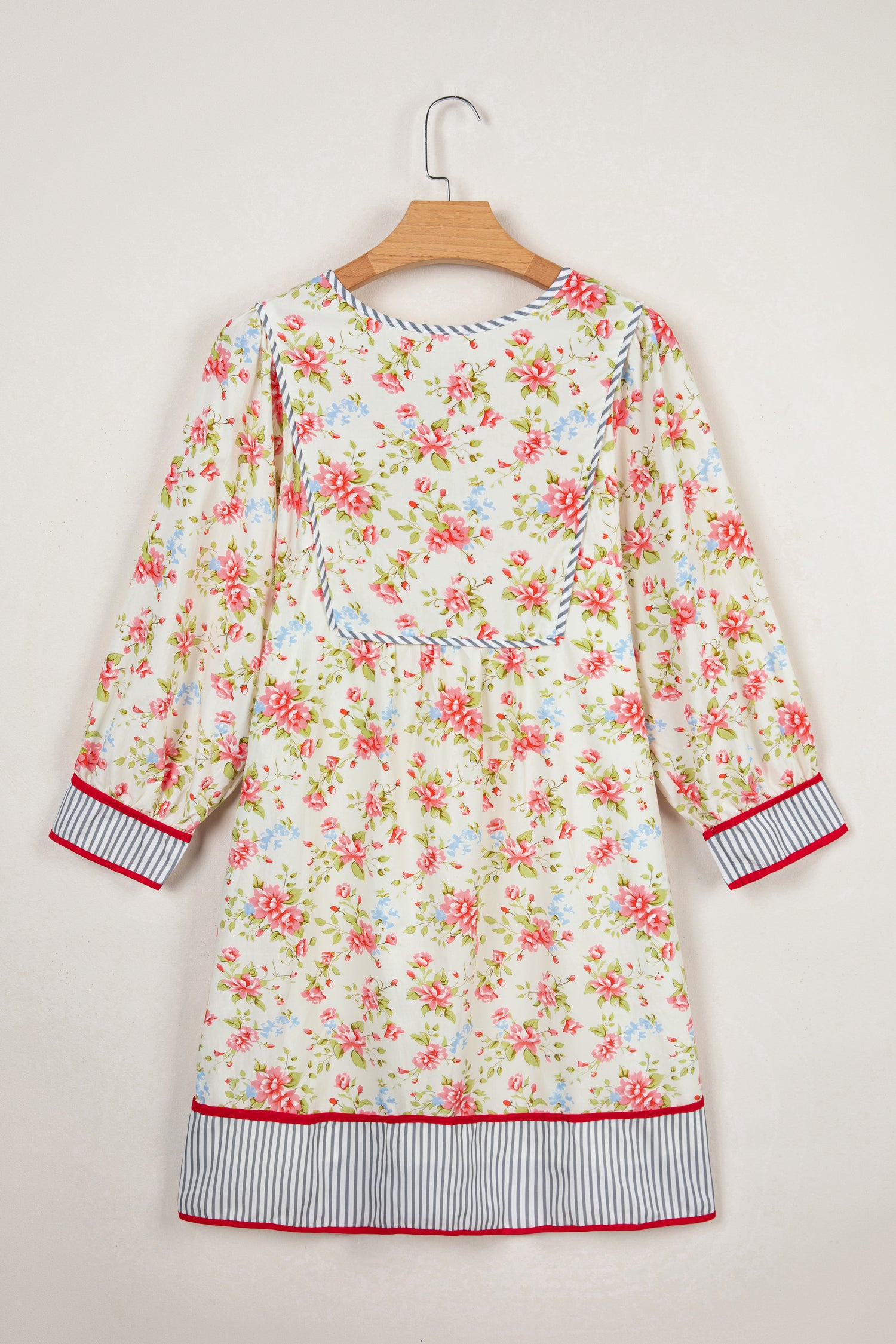 Apricot Striped Edge 3/4 Puff Sleeve Floral Dress-TOPS / DRESSES-[Adult]-[Female]-2022 Online Blue Zone Planet
