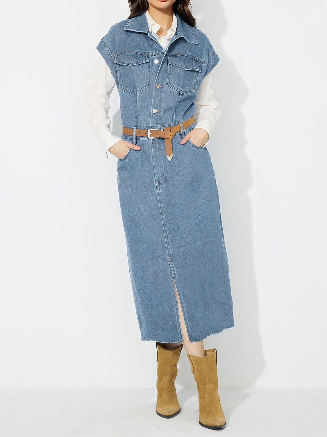 Slit Half Button Collared Neck Cap Sleeve Denim Dress-TOPS / DRESSES-[Adult]-[Female]-Light-S-2022 Online Blue Zone Planet