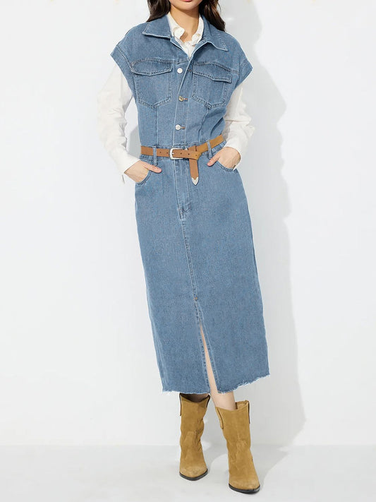 Slit Half Button Collared Neck Cap Sleeve Denim Dress-TOPS / DRESSES-[Adult]-[Female]-Light-S-2022 Online Blue Zone Planet