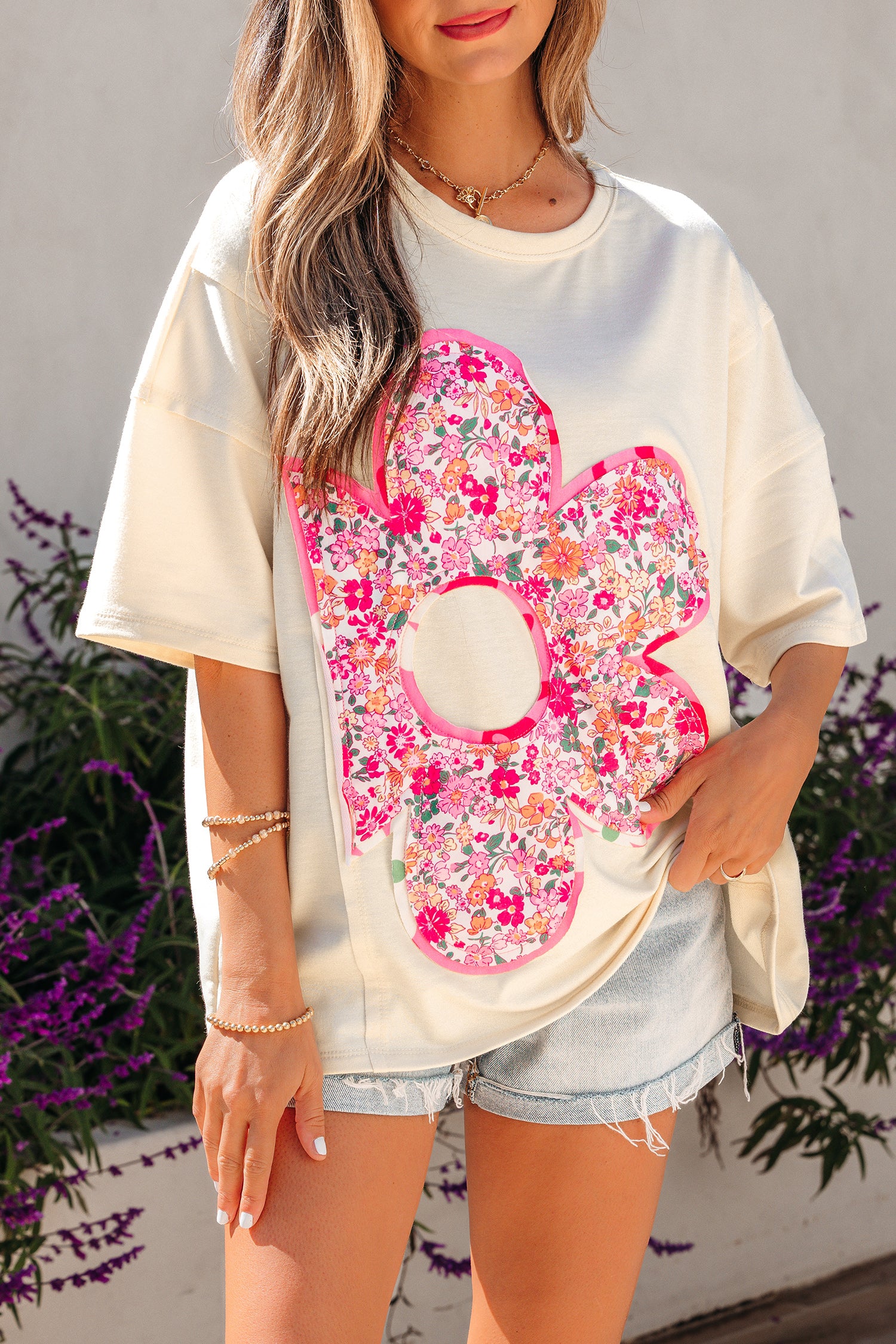 Jet Stream Floral Patched Raw Seam Big Flower Oversize Tee-Tops/Tops & Tees-[Adult]-[Female]-2022 Online Blue Zone Planet