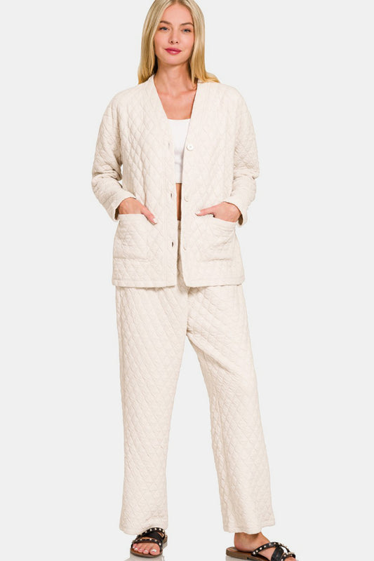 Zenana Quilted Button Up Long Sleeve Top and Pants Lounge Set-TOPS / DRESSES-[Adult]-[Female]-Beige-S-2022 Online Blue Zone Planet