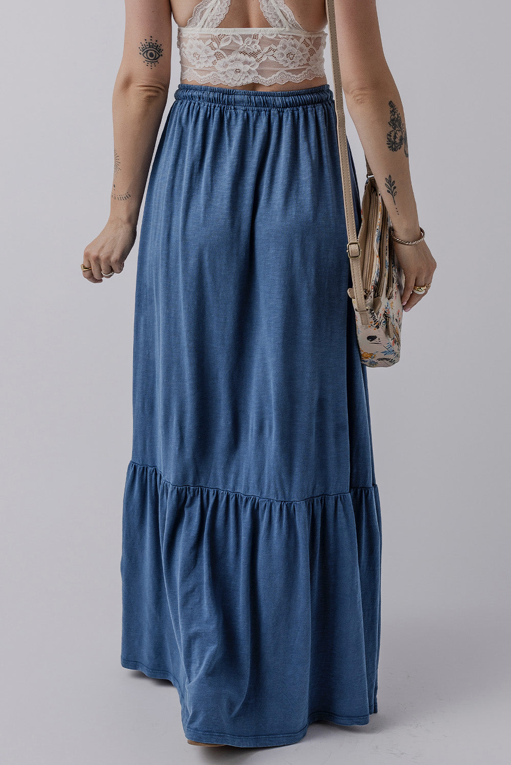 Blue Zone Planet | Sail Blue Solid Color Lace up High Waist Tiered Maxi Skirt-Bottoms/Skirts & Petticoat-[Adult]-[Female]-2022 Online Blue Zone Planet