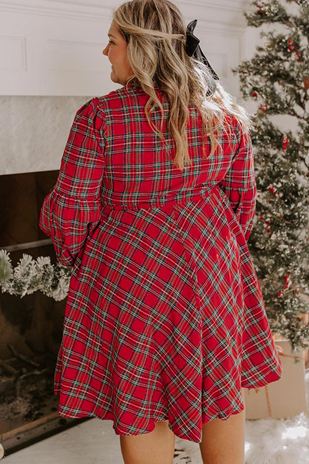 Red Plus Size Plaid Half Button Long Sleeve Holiday Dress-TOPS / DRESSES-[Adult]-[Female]-2022 Online Blue Zone Planet