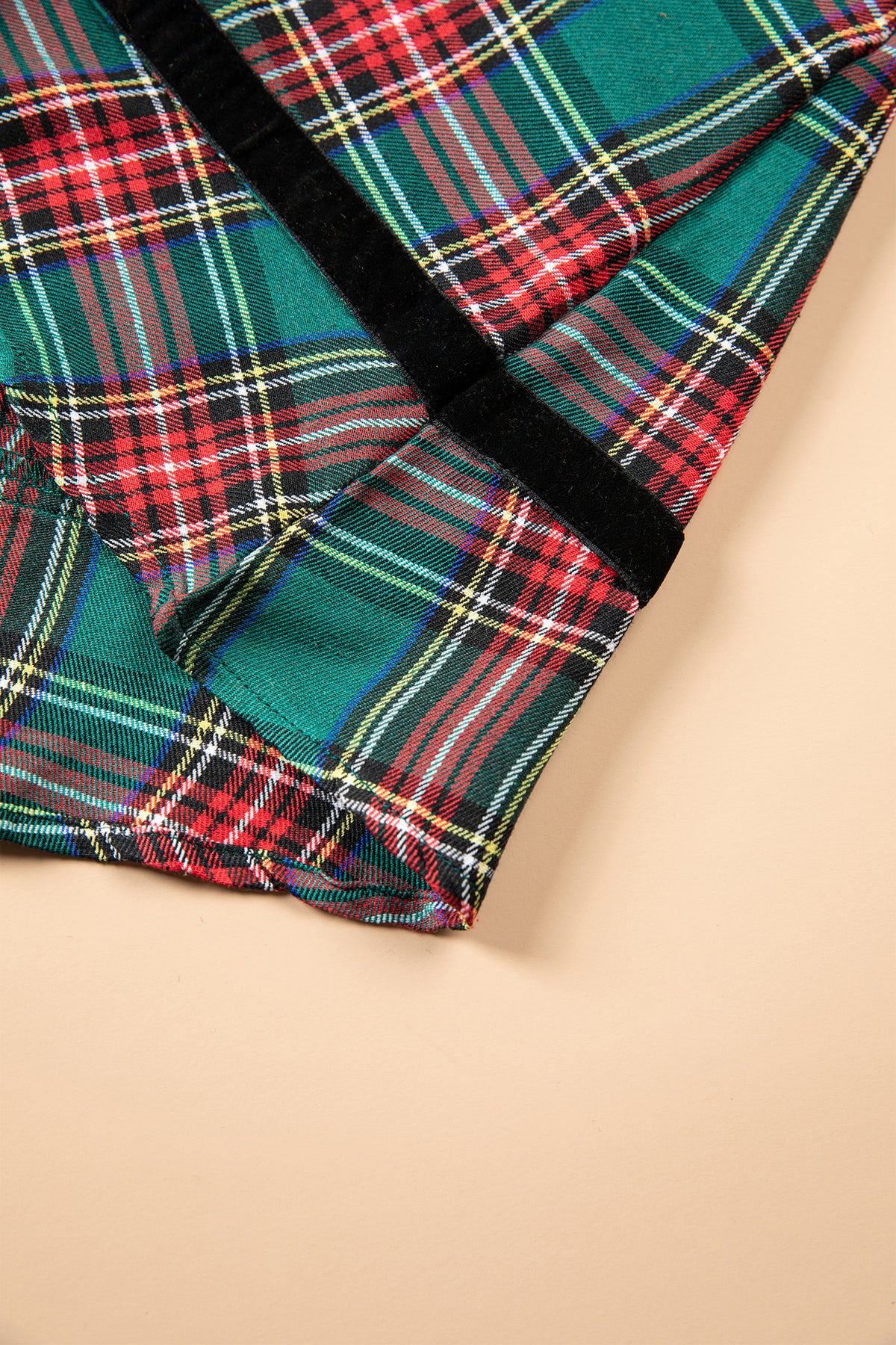 Green Plaid Velvet Trim Pockets Short Shift Dress-TOPS / DRESSES-[Adult]-[Female]-2022 Online Blue Zone Planet