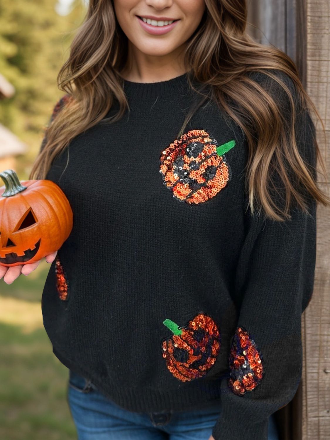 Plus Size Sequin Pumpkin Round Neck Sweater-TOPS / DRESSES-[Adult]-[Female]-Black-1XL-2022 Online Blue Zone Planet