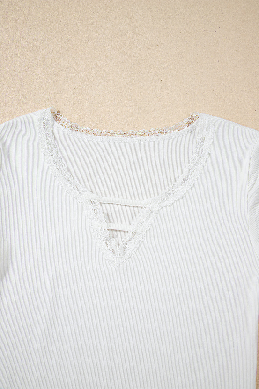 White Lace V Neckline Ribbed Slim Fit T Shirt-Tops/Tops & Tees-[Adult]-[Female]-2022 Online Blue Zone Planet