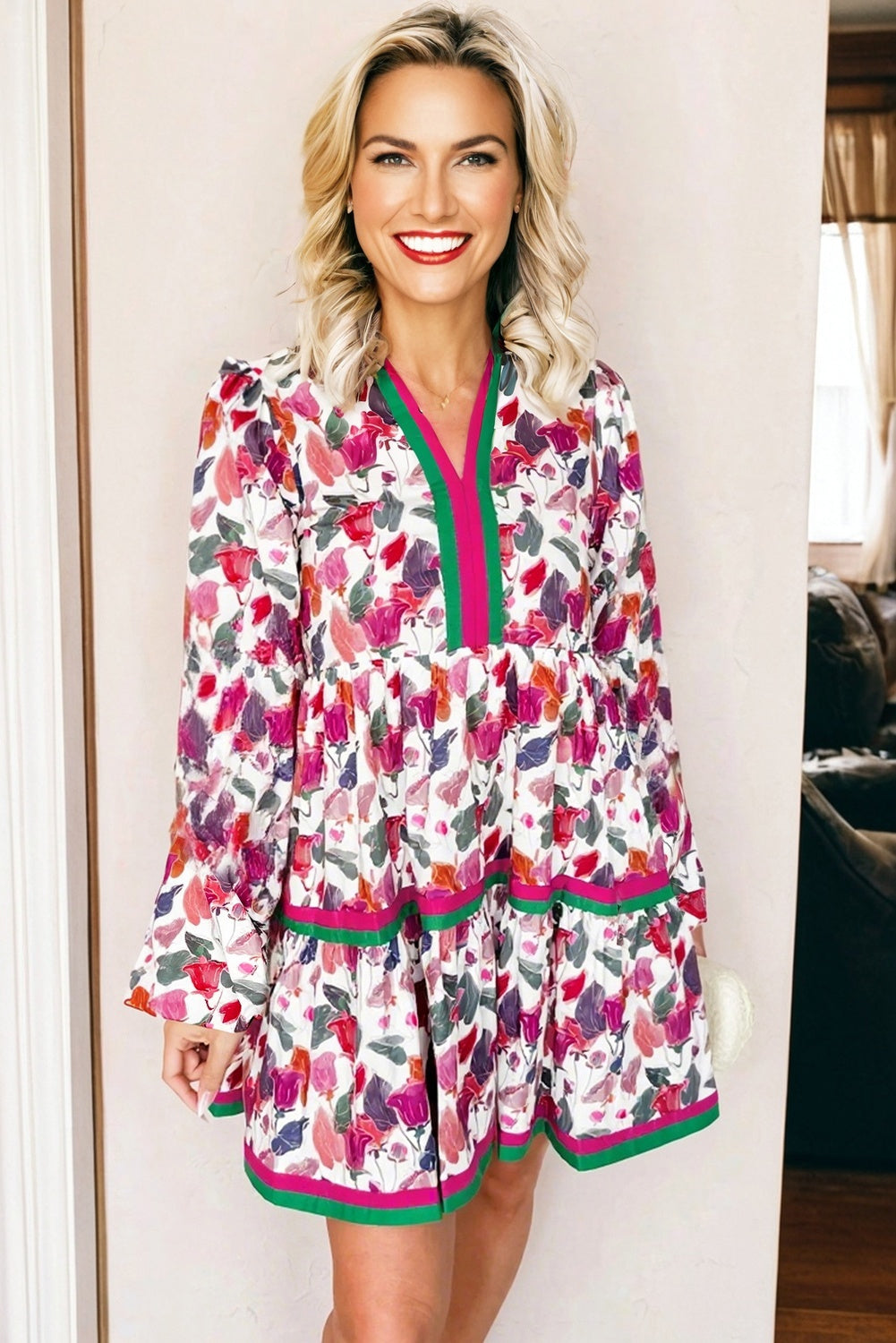 Purple Floral Print Contrast Striped Detail Long Sleeve Mini Dress-TOPS / DRESSES-[Adult]-[Female]-2022 Online Blue Zone Planet