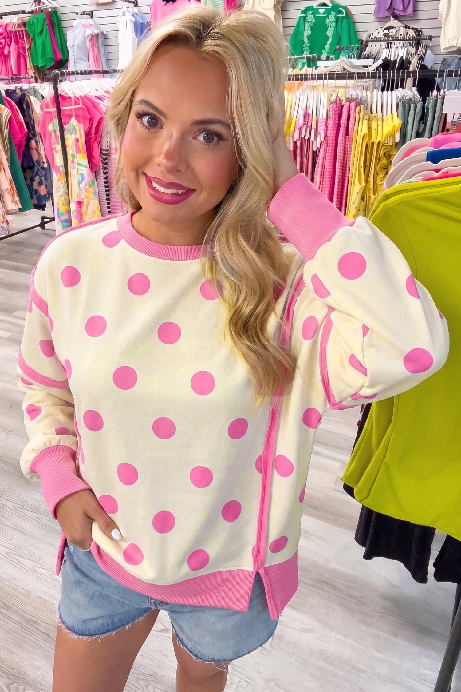 White Polka Dot Contrast Patchwork Round Neck Baggy Sweatshirt-Tops/Sweatshirts & Hoodies-[Adult]-[Female]-2022 Online Blue Zone Planet
