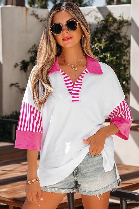 White Striped Color Block Patchwork Polo Collar Half Sleeve T Shirt-Tops/Tops & Tees-[Adult]-[Female]-White-S-2022 Online Blue Zone Planet
