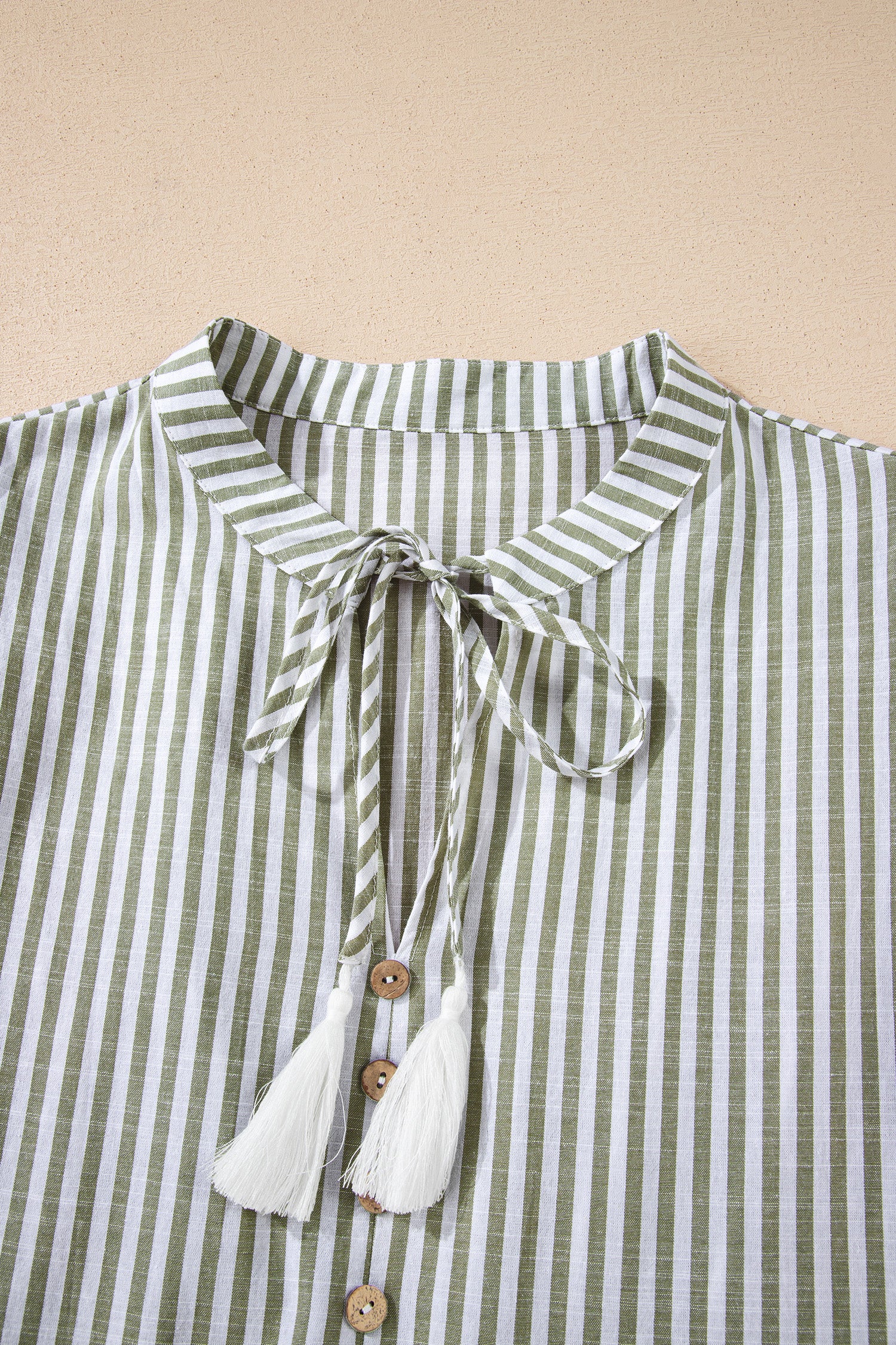 Green Stripe Tasseled Tie Neck Ruffled Short Sleeve Tiered Flattering Dress-TOPS / DRESSES-[Adult]-[Female]-2022 Online Blue Zone Planet