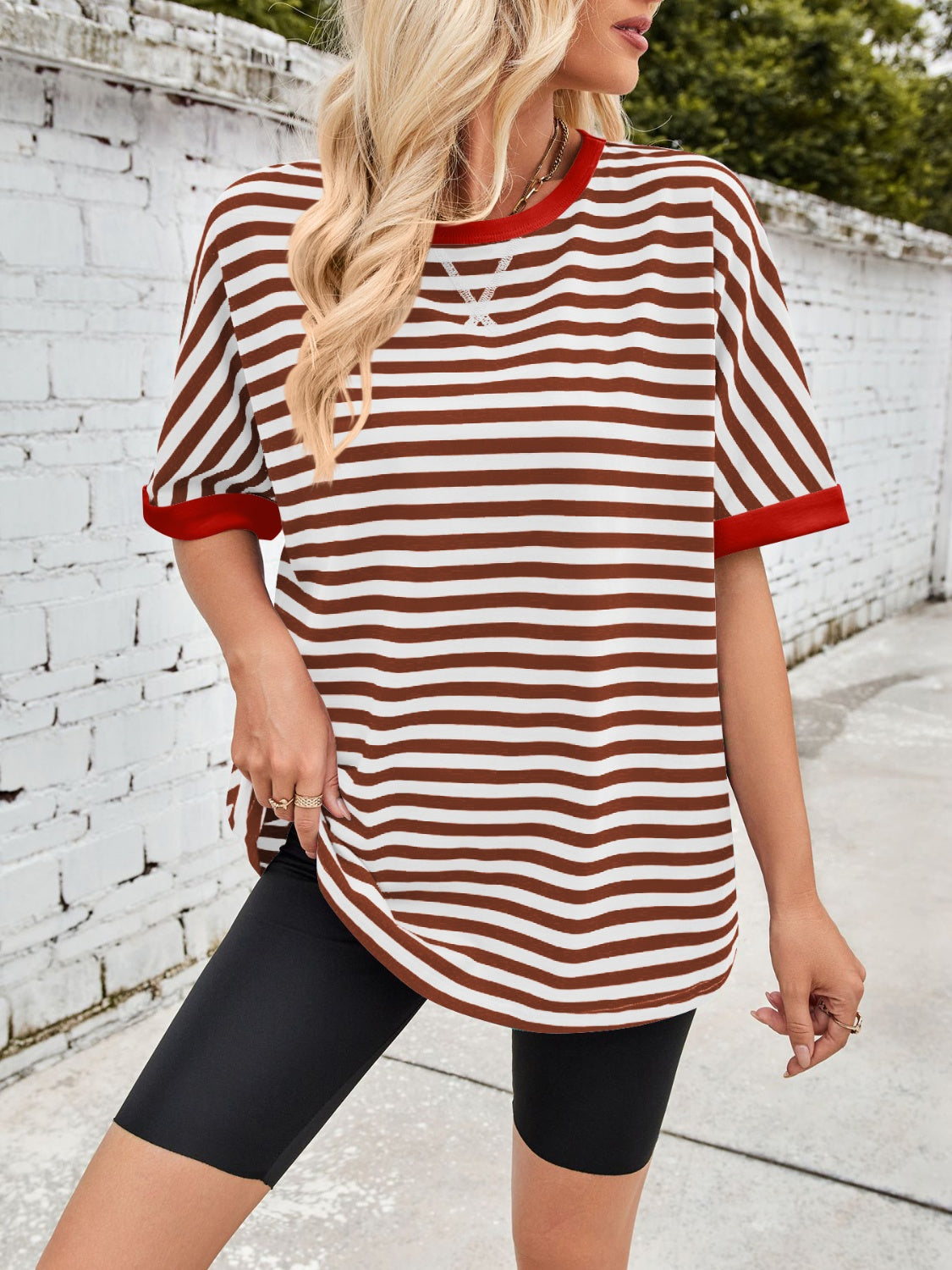 Lovelet Striped Round Neck Half Sleeve T-Shirt-TOPS / DRESSES-[Adult]-[Female]-2022 Online Blue Zone Planet