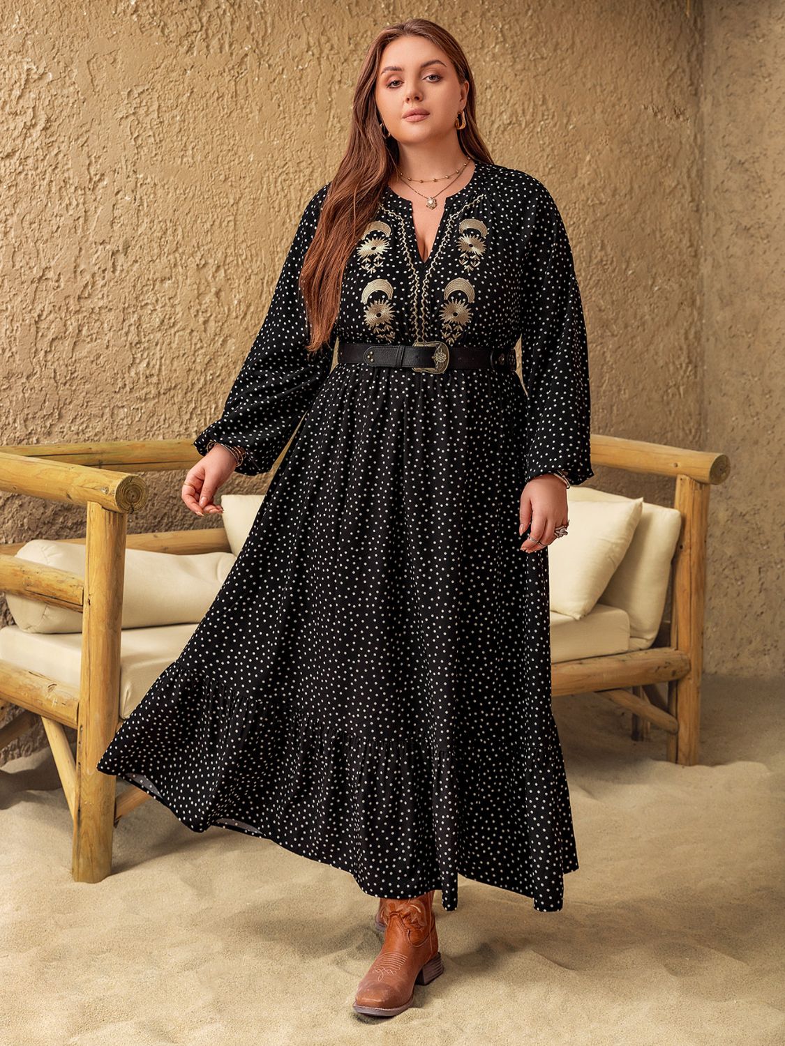 Blue Zone Planet | Plus Size Embroidered Polka Dot Notched Long Sleeve Dress-TOPS / DRESSES-[Adult]-[Female]-Black-0XL-2022 Online Blue Zone Planet