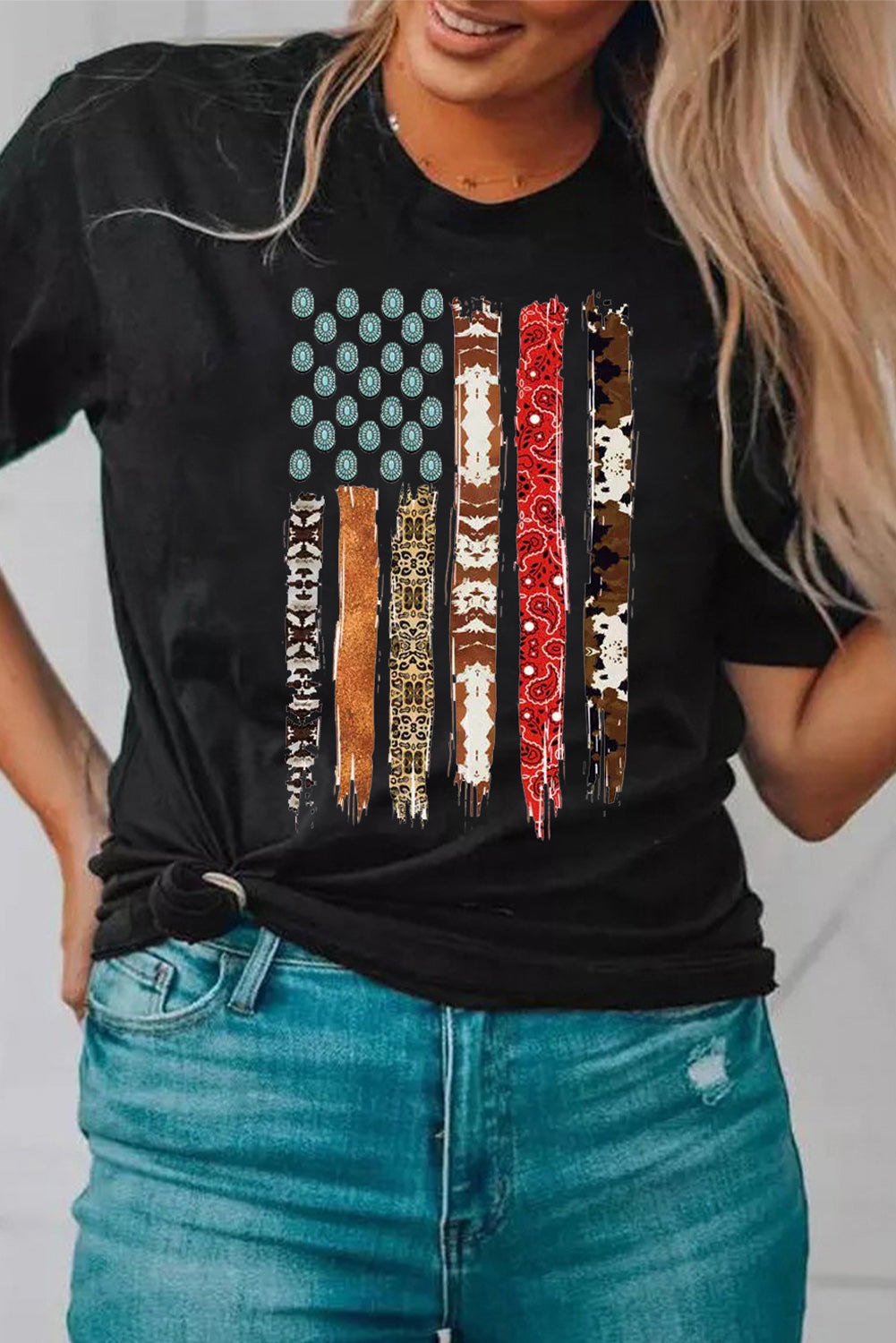 Black Western American Flag Graphic Tee-Graphic/Graphic Tees-[Adult]-[Female]-2022 Online Blue Zone Planet
