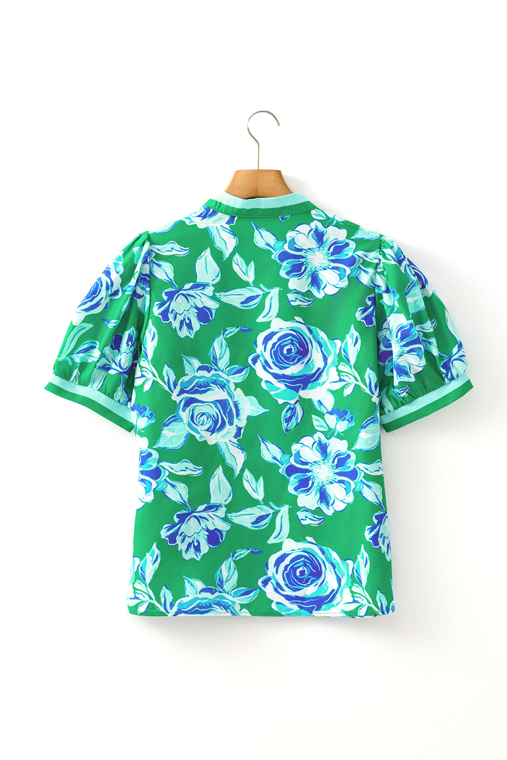 Bright Green Rose Floral Print Puff Short Sleeve Summer Blouse-Tops/Blouses & Shirts-[Adult]-[Female]-2022 Online Blue Zone Planet