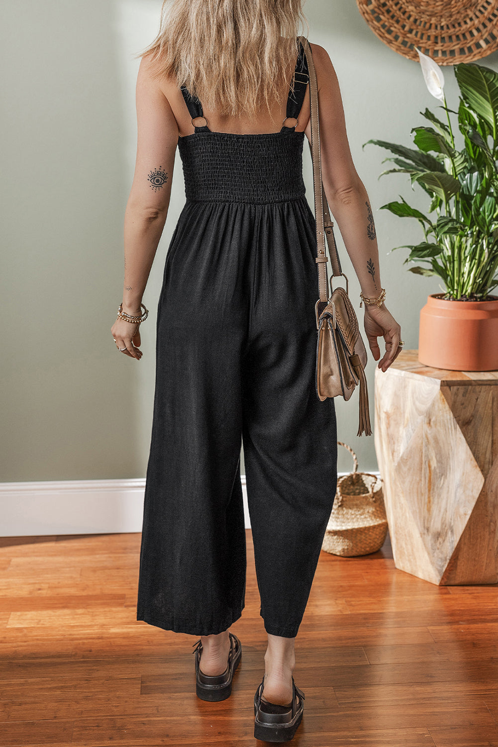 Black Front Cut Out Smocked Back Sleeveless Wide Leg Jumpsuit-Bottoms/Jumpsuits & Rompers-[Adult]-[Female]-2022 Online Blue Zone Planet