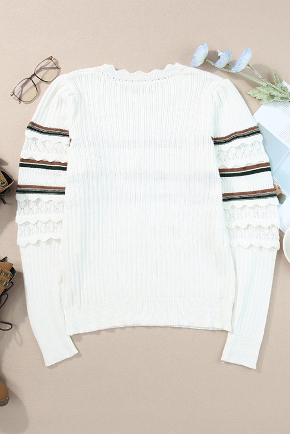 Blue Zone Planet | Striped Hollow Out Round Neck Long Sleeve Sweater-TOPS / DRESSES-[Adult]-[Female]-2022 Online Blue Zone Planet