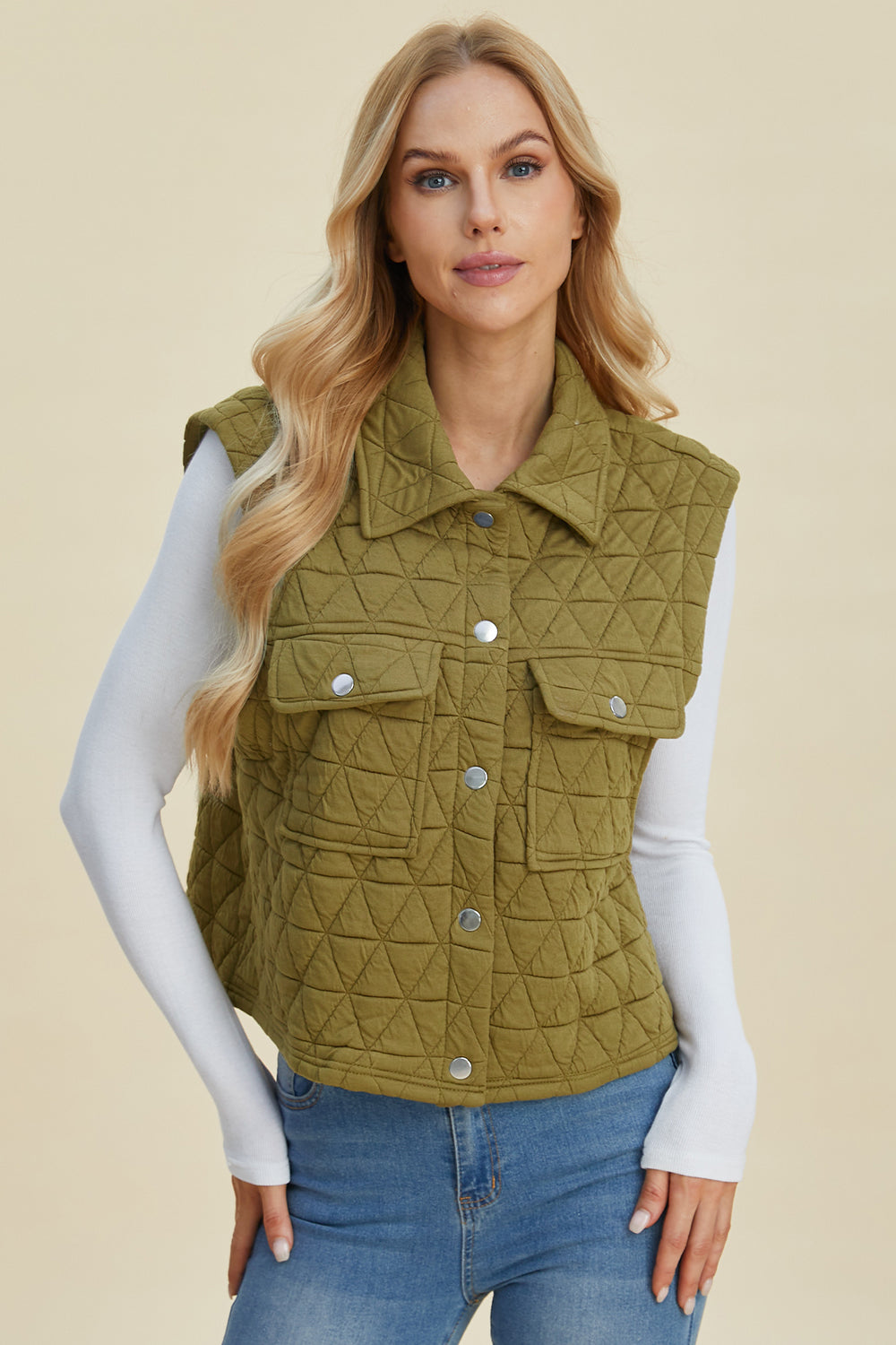 Double Take Full Size Pocketed Texture Snap Down Vest Coat-TOPS / DRESSES-[Adult]-[Female]-Olive-S-2022 Online Blue Zone Planet