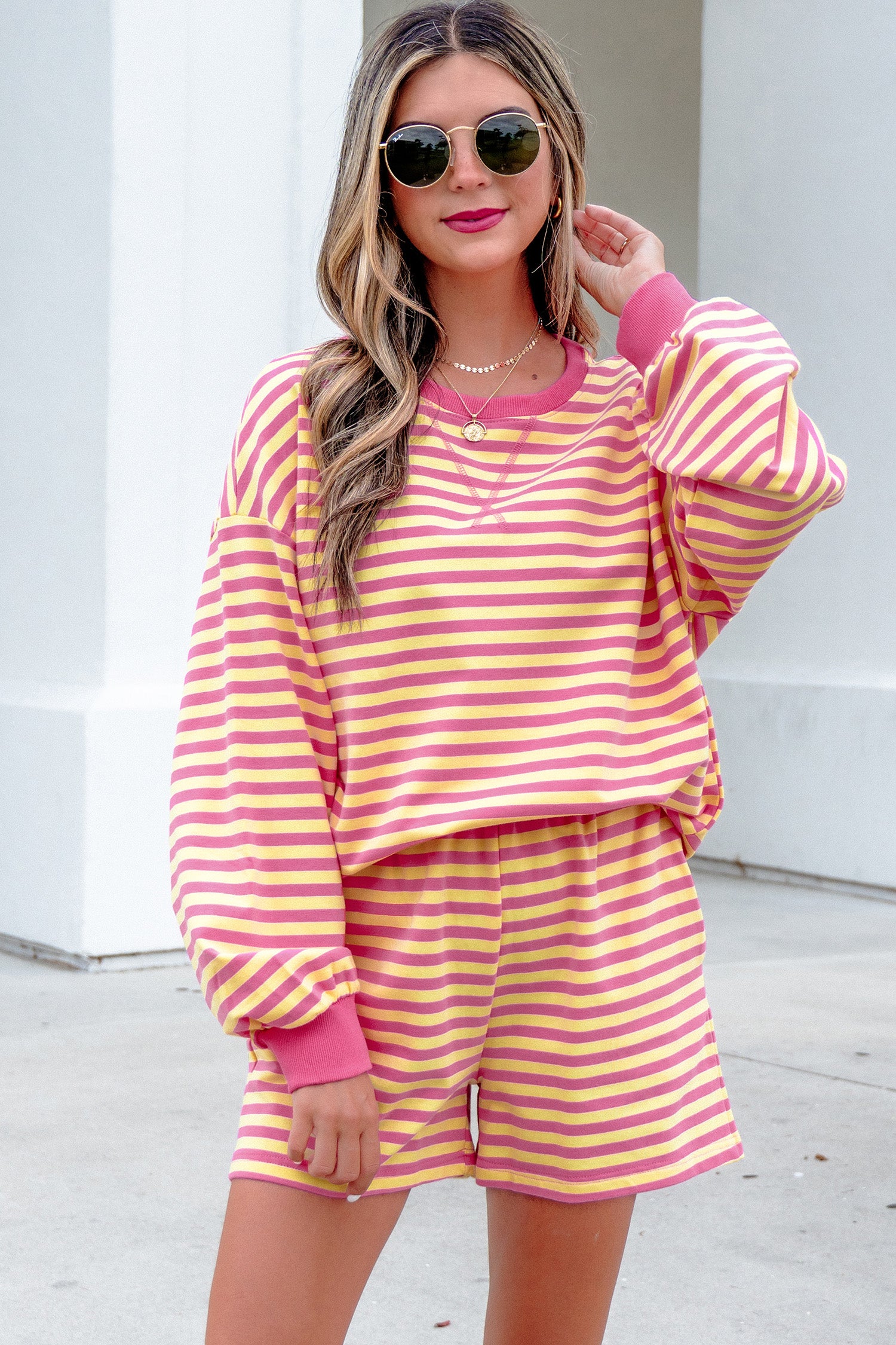 Yellow Stripe Color Block Trim Round Neck Long Sleeve Top Casual Shorts 2pcs Set-Two Piece Sets/Short Sets-[Adult]-[Female]-2022 Online Blue Zone Planet