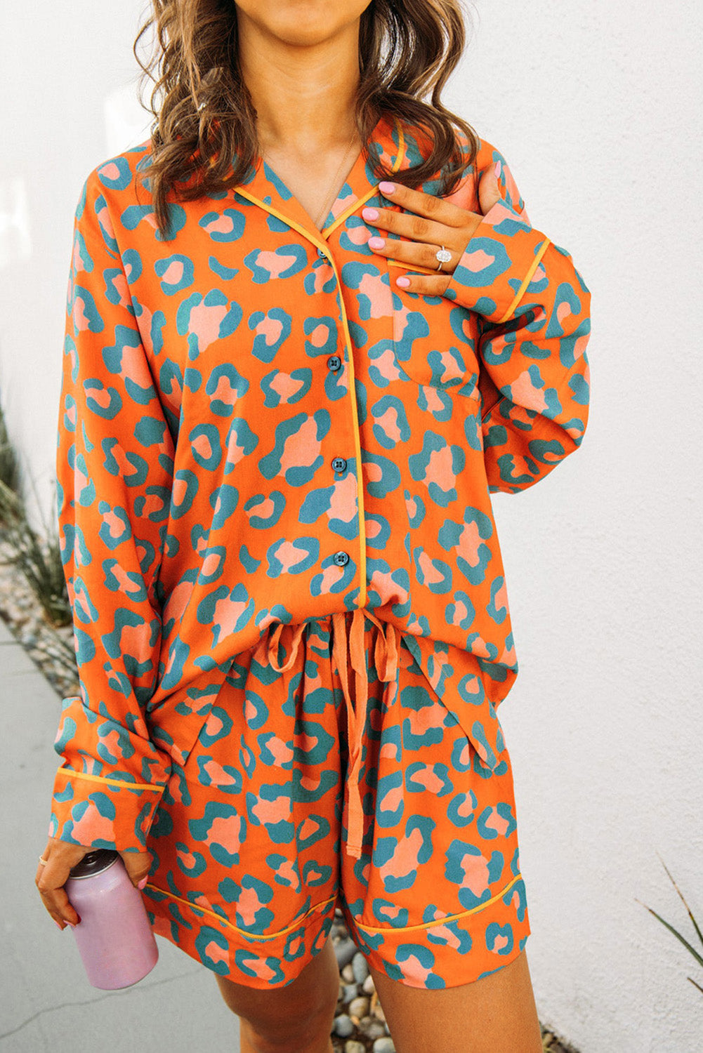 Orange Leopard Print Long Sleeve Shirt and Shorts Pajama Set-Loungewear & Sleepwear/Sleepwear-[Adult]-[Female]-2022 Online Blue Zone Planet