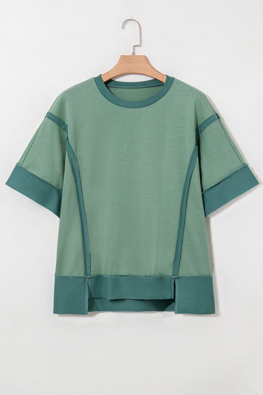 Smoke Green Half Sleeve Raw Seam High Low Side Split Top-Tops/Tops & Tees-[Adult]-[Female]-2022 Online Blue Zone Planet