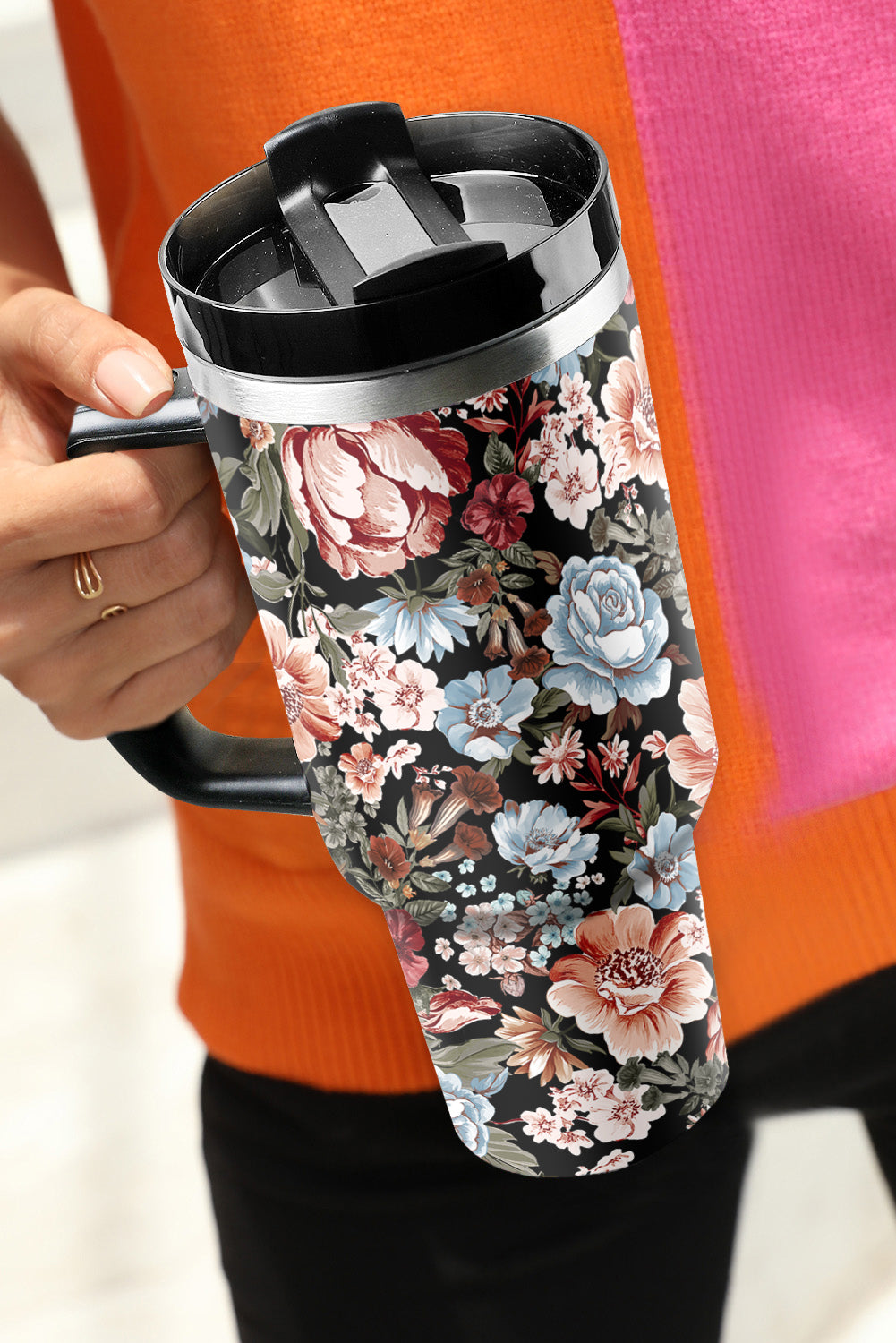 Black Floral Insulated Tumbler Cup-Cups-[Adult]-[Female]-Color black-ONE SIZE-2022 Online Blue Zone Planet